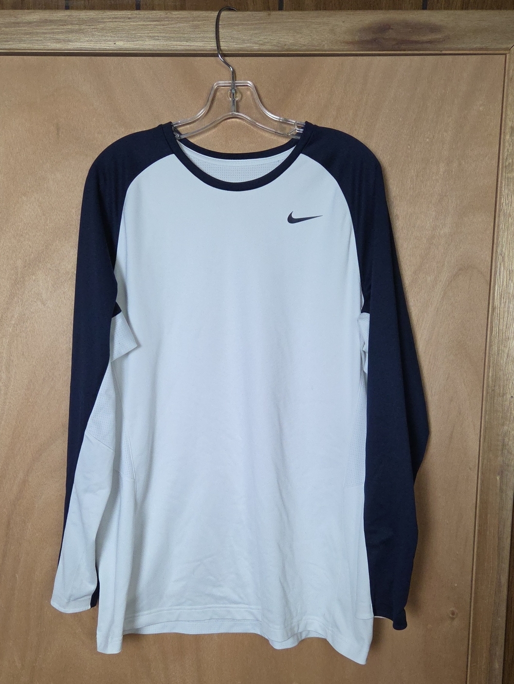 Nike White and Navy Long-Sleeve Raglan Performance Shirt